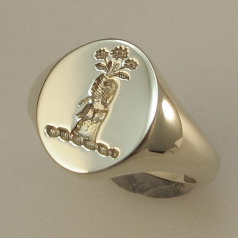 hand holding flowers crest ring silver trade