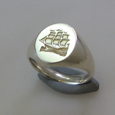 Galleon ship crest seal engraved sterling silver 925 signet ring