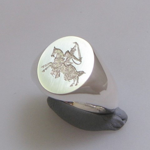 Knight on horse crest engraved silver signet ring