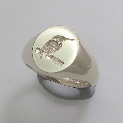 Kingfisher deeply engraved silver signet ring